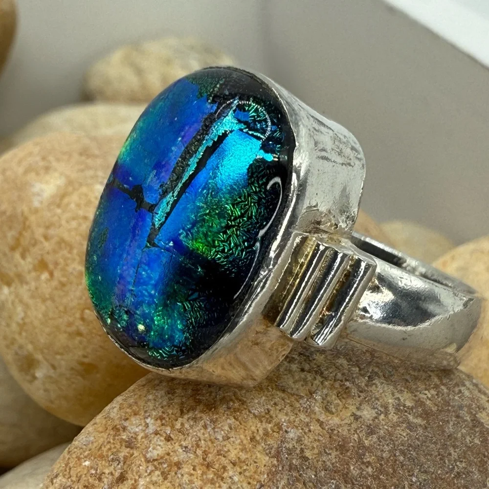 Sterling Silver Multicolor Blue Dichroic Glass Statement Ring Size 10 – 10.6g